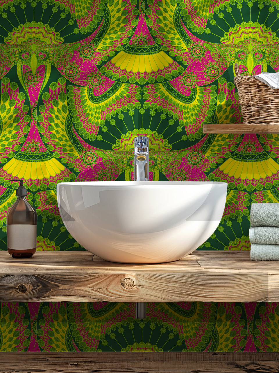 Tota Wallpaper - Green, Yellow & Pink