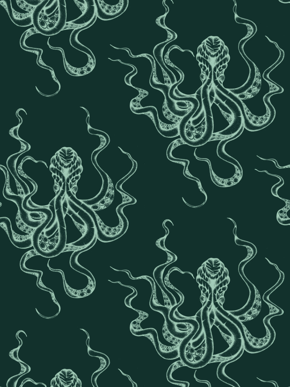 Close-up of Kraken Black Emerald wallpaper with hand-drawn jade octopus detailing, ideal for dramatic walls and oceanic luxe interiors.