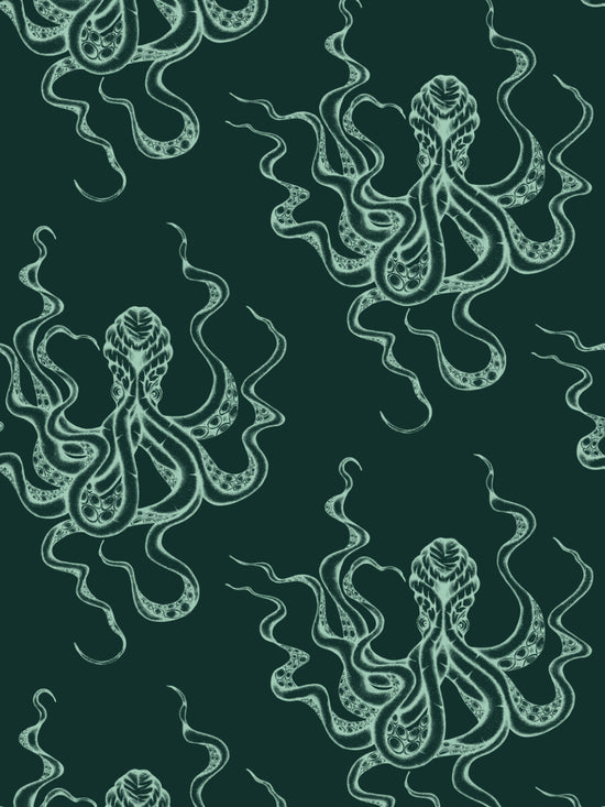 Close-up of Kraken Black Emerald wallpaper with hand-drawn jade octopus detailing, ideal for dramatic walls and oceanic luxe interiors.