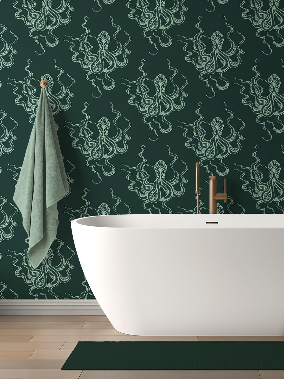 Kraken wallpaper in a luxury forest green and seafoam bathroom with coastal gothic flair