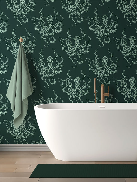 Kraken wallpaper in a luxury forest green and seafoam bathroom with coastal gothic flair