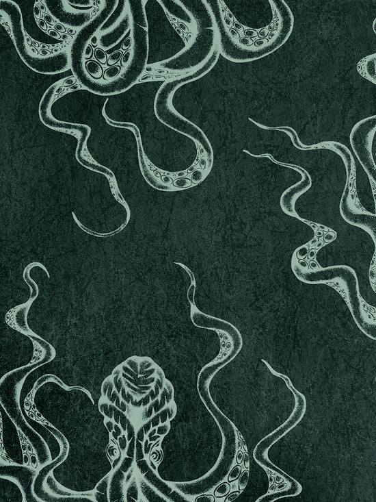 Textural close-up of Kraken wallpaper in mint and jade tones, showcasing marine-inspired luxury