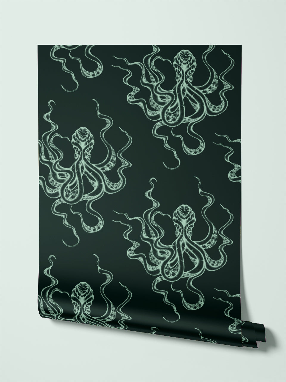 Roll view of Kraken Black Emerald wallpaper styled for nautical, coastal gothic maximalism