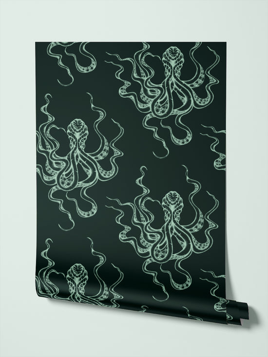 Roll view of Kraken Black Emerald wallpaper styled for nautical, coastal gothic maximalism