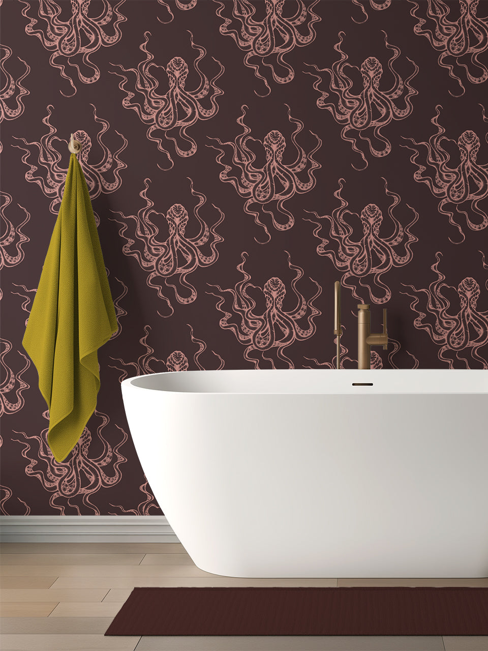 Kraken Claret octopus wallpaper styled in a luxury burgundy bathroom with gold accents and sea creature pattern