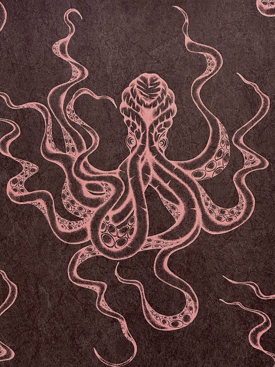 Dusky pink Kraken illustration on claret background, highlighting intricate sea creature design and luxury finish