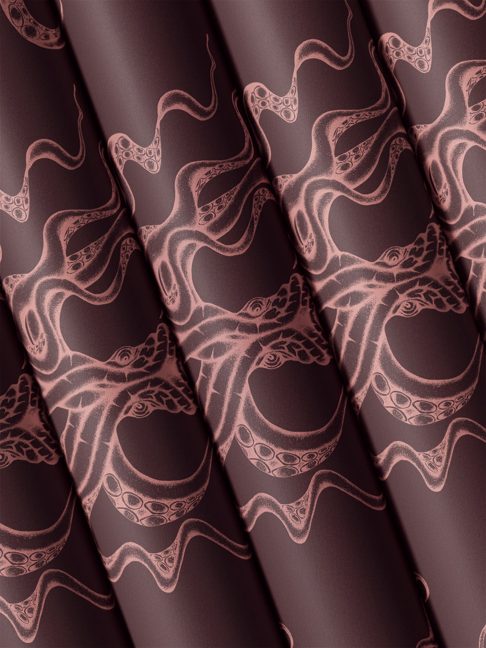 Rolled Kraken Claret wallpaper showing off metallic sheen and pink octopus tentacle design
