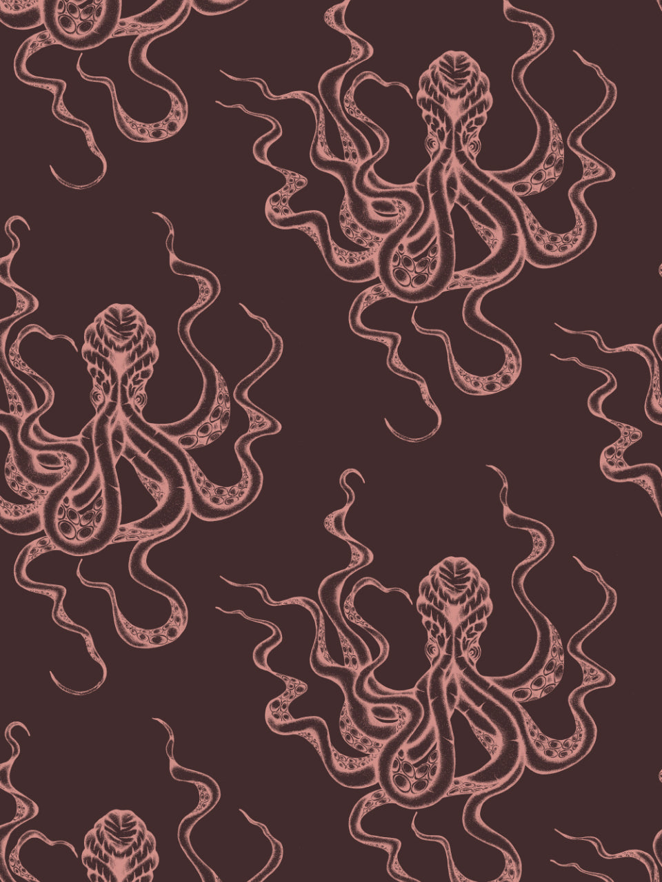 Close-up of Kraken Claret wallpaper showing rose pink tentacles in a richly detailed Victorian-inspired pattern