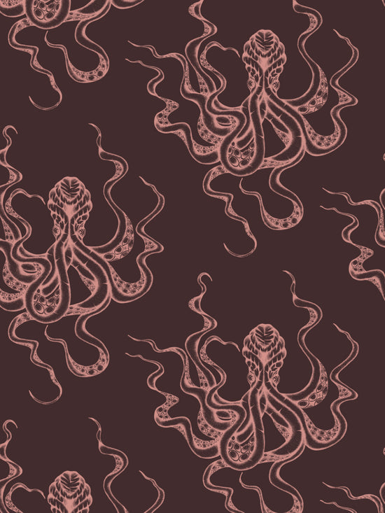 Close-up of Kraken Claret wallpaper showing rose pink tentacles in a richly detailed Victorian-inspired pattern
