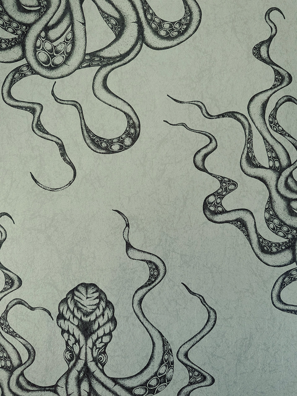 Gunmetal and green detail showing Kraken’s swirling tentacles on hand-illustrated wallpaper.