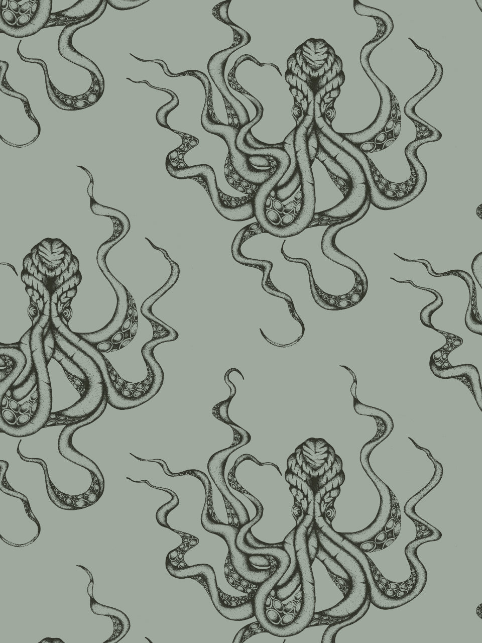 Displayed wall view of Kraken Steel showing hand-inked octopus repeat in sea green-grey with metallic sheen.
