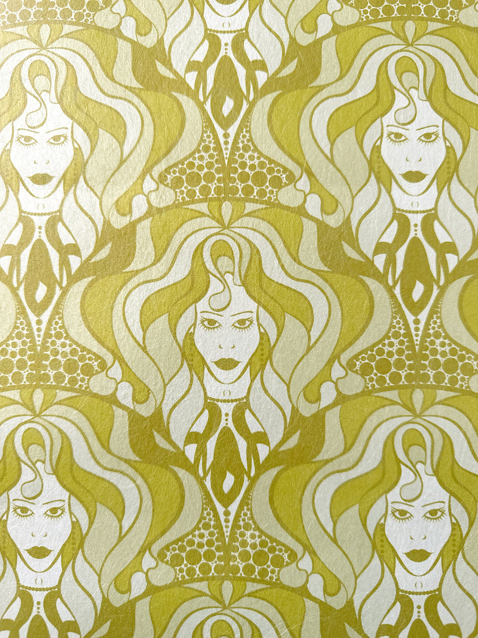 Close-up of biba-inspired wallpaper with shimmering parchment and illustrated women.