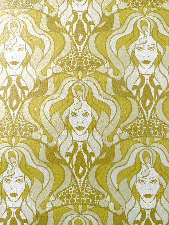 Close-up of biba-inspired wallpaper with shimmering parchment and illustrated women.