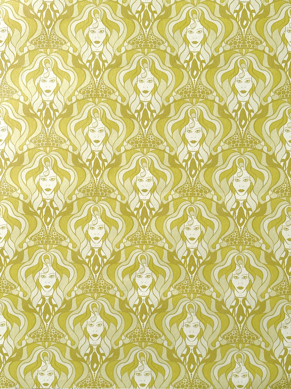 Retro Lady Marmalade wallpaper in brass tones and ivory with hand-drawn 70s diva design.