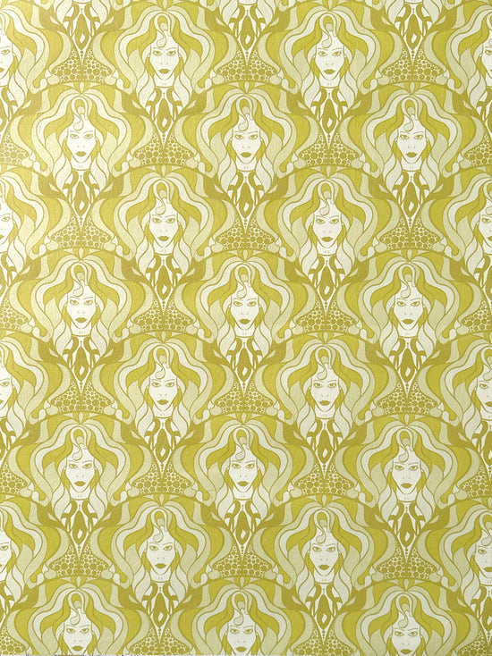 Retro Lady Marmalade wallpaper in brass tones and ivory with hand-drawn 70s diva design.