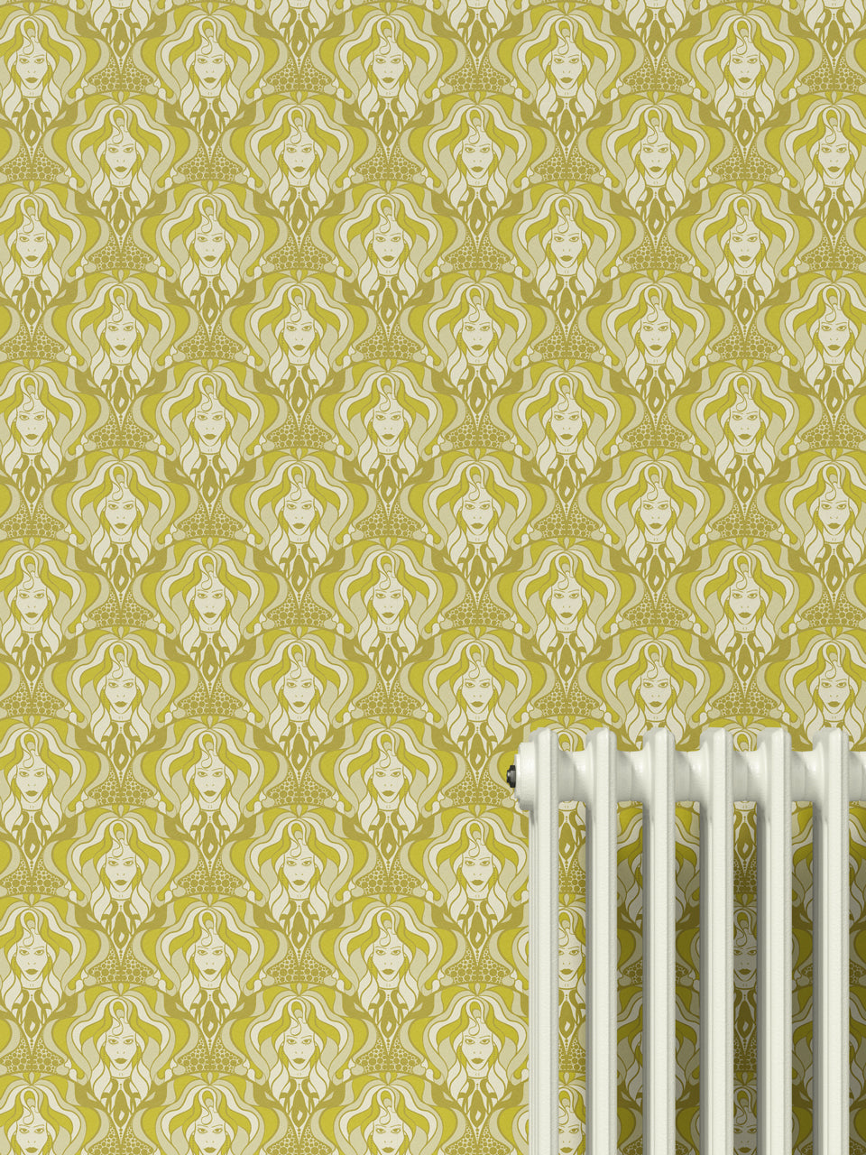 Olive-accented feature wall with hand-drawn diva design and maximalist 70s look.