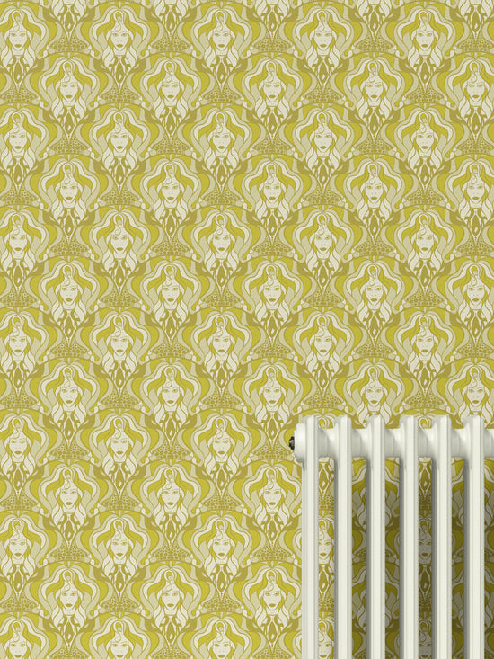 Olive-accented feature wall with hand-drawn diva design and maximalist 70s look.