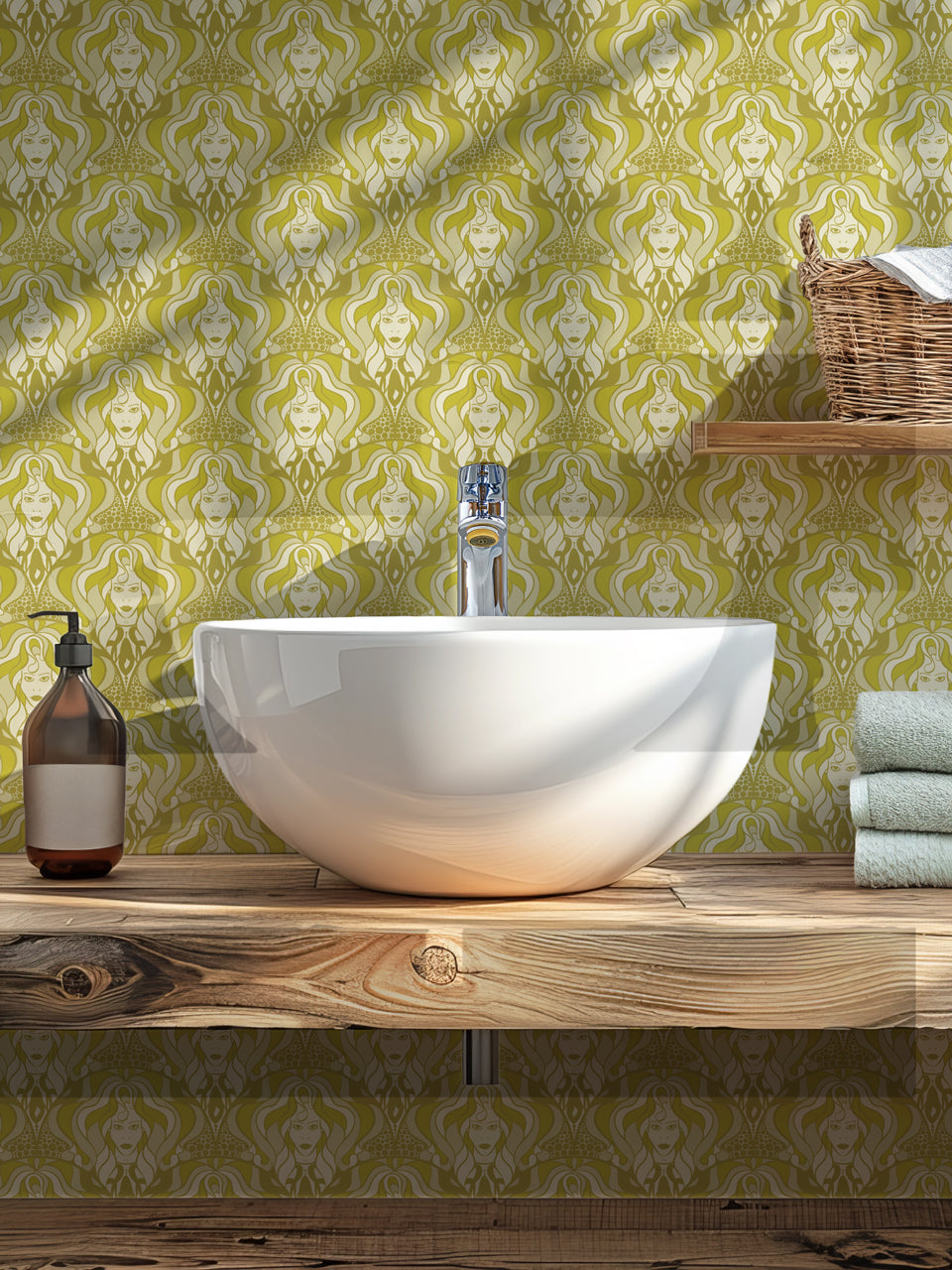 Ivory wallpaper in a glamorous guest room with retro-inspired feminine interior style.
