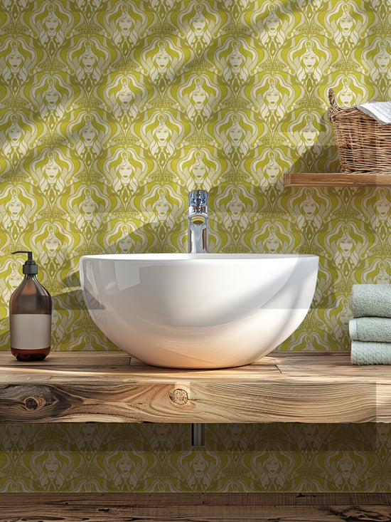 Ivory wallpaper in a glamorous guest room with retro-inspired feminine interior style.