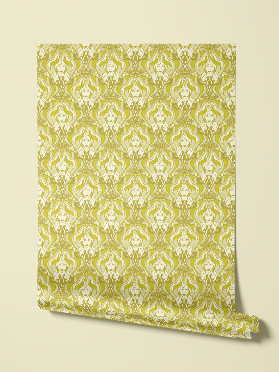 Hanging roll of eco-printed wallpaper on gold parchment with biba-style motifs.
