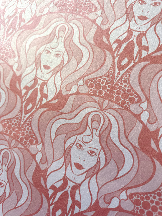 Biba-inspired rose gold wallpaper with deep coral accents and luxurious vintage glamour.