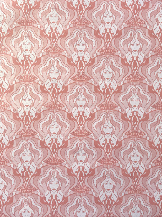 Blush-toned wallpaper with shimmering rose gold finish and Art Nouveau-inspired 70s design.