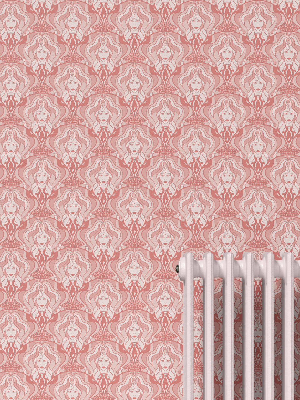 Bold feminine feature wall wallpaper in rose gold with vintage glam 70s design influences.
