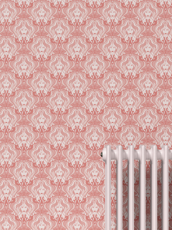 Bold feminine feature wall wallpaper in rose gold with vintage glam 70s design influences.