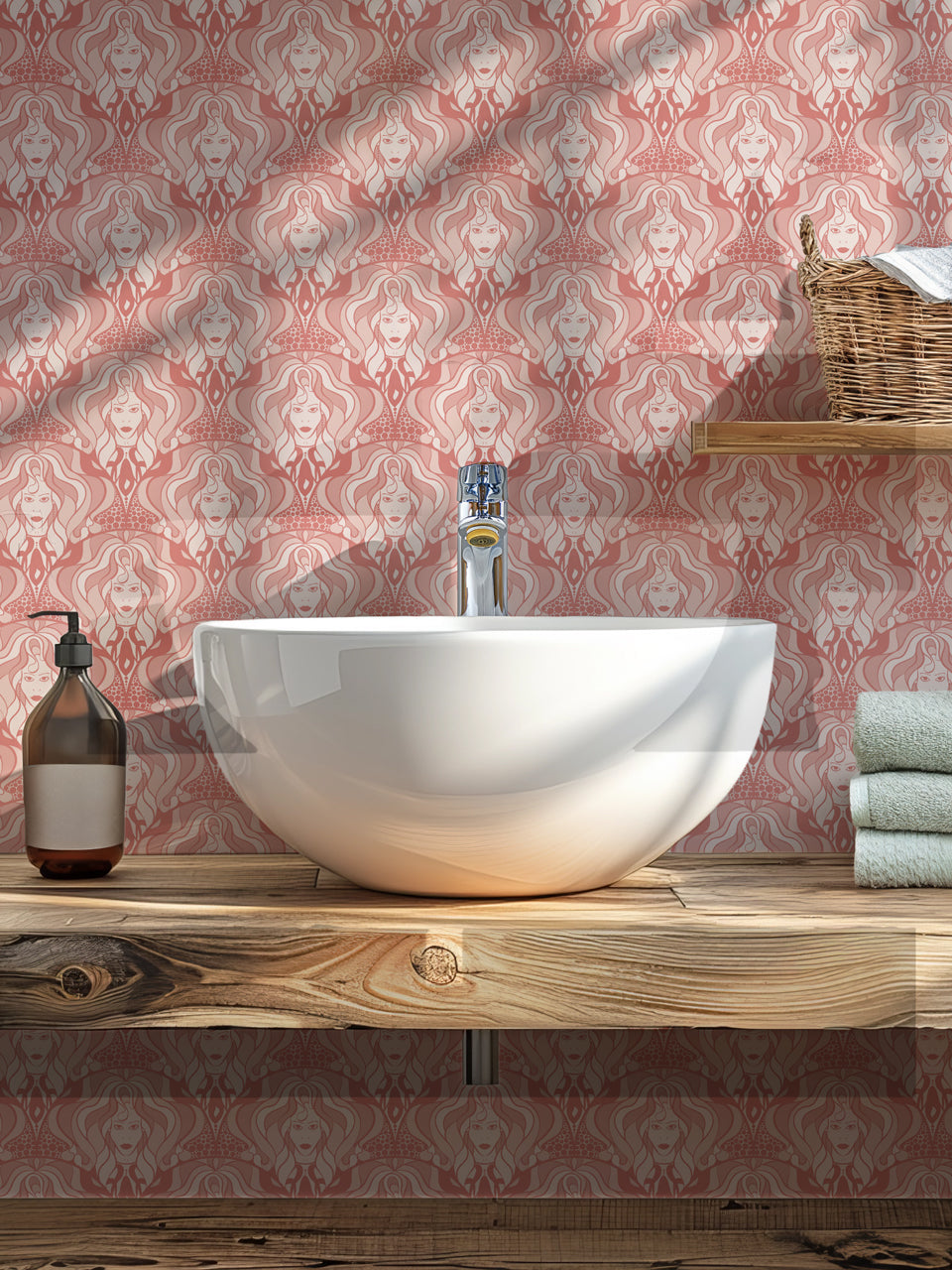 Guest room wallpaper in shell pink and rose gold tones with retro glam maximalist finish.