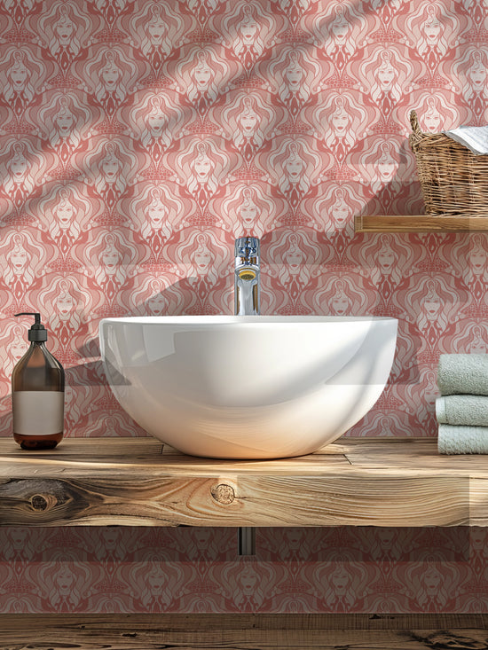 Guest room wallpaper in shell pink and rose gold tones with retro glam maximalist finish.