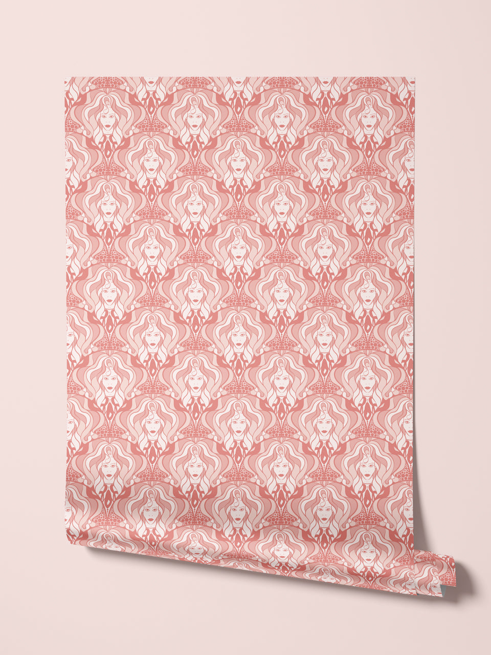 Eco-printed wallpaper roll with rose gold shimmer and biba-style vintage 70s pattern.