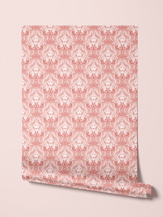 Eco-printed wallpaper roll with rose gold shimmer and biba-style vintage 70s pattern.