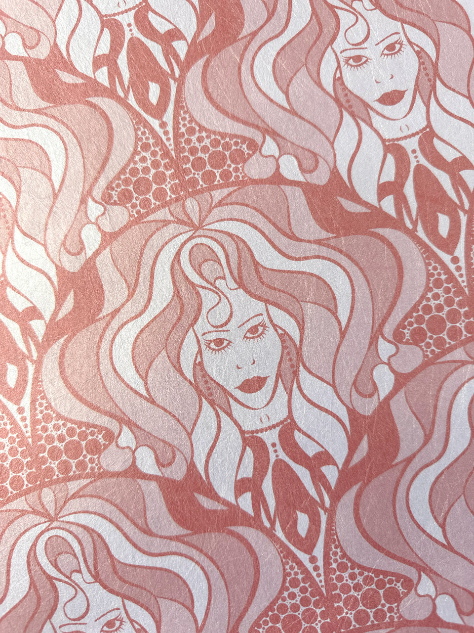 Disco-style wallpaper with terracotta detailing and bold rose gold disco-era repeat motif.