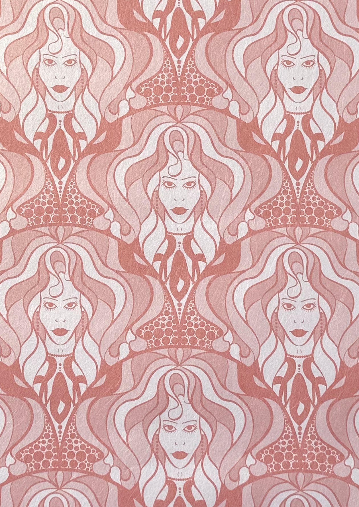 Detailed wallpaper texture with blush tones and glowing rose gold in Art Nouveau flair.
