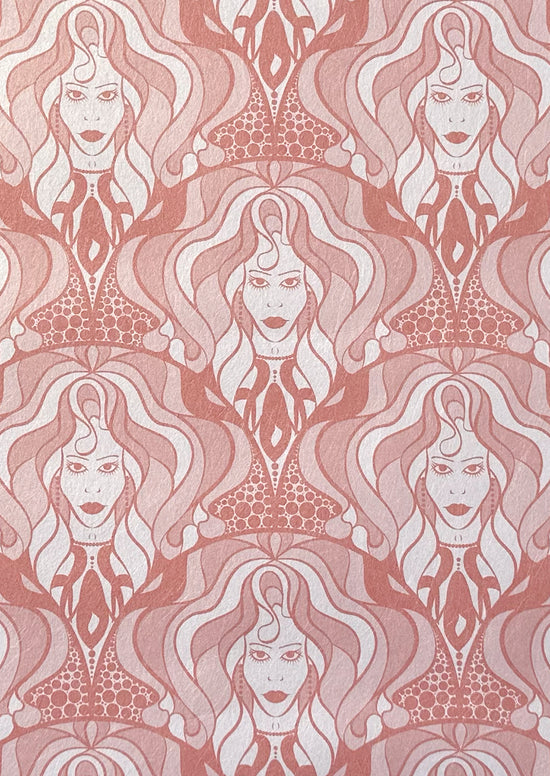 Detailed wallpaper texture with blush tones and glowing rose gold in Art Nouveau flair.