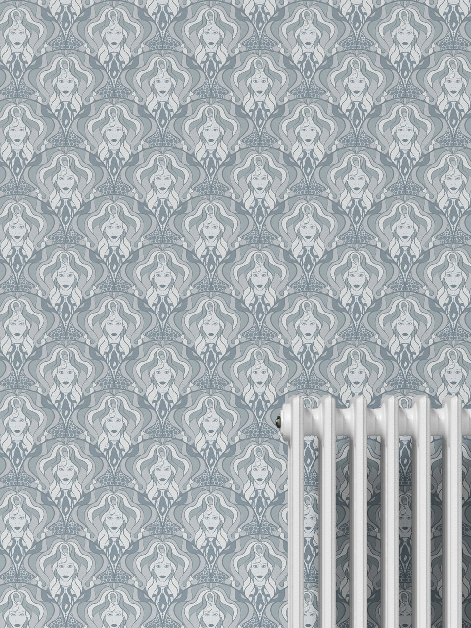Feature wall styled with maximalist Lady Marmalade Silver wallpaper in 70s-inspired tones.