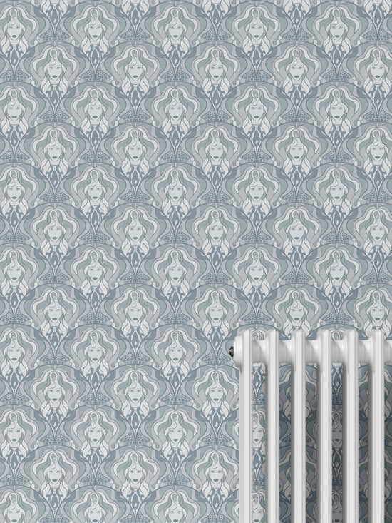 Feature wall styled with maximalist Lady Marmalade Silver wallpaper in 70s-inspired tones.