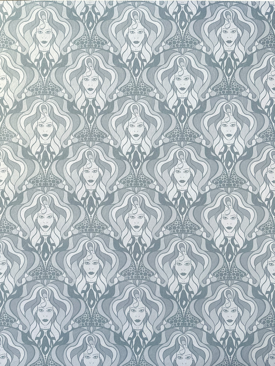 Hand-drawn diva motif on a shimmering pearl grey wallpaper with disco glamour styling.