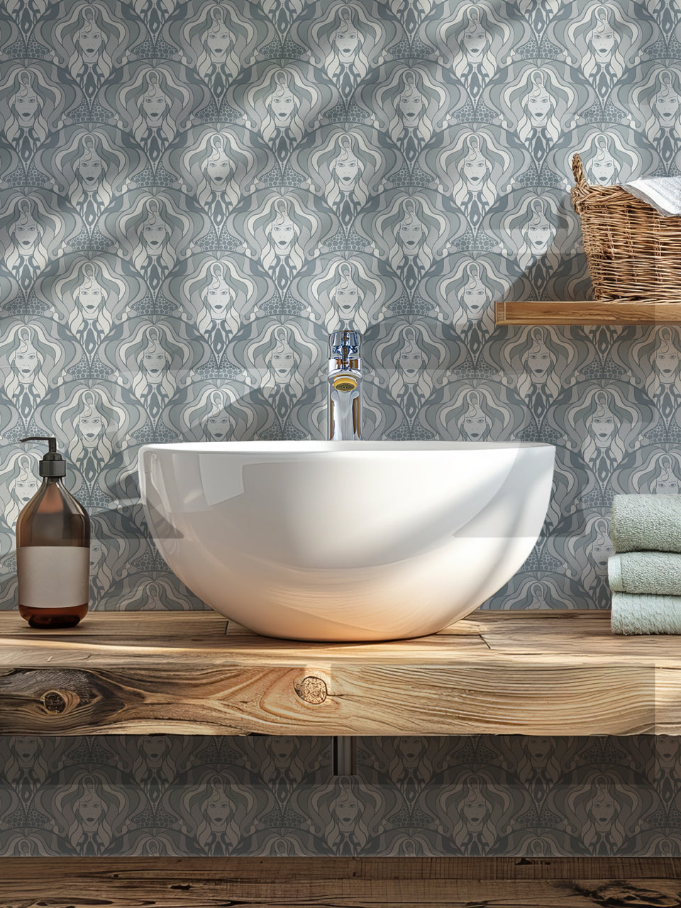 Retro revival guest room featuring Lady Marmalade wallpaper in a silver maximalist palette.