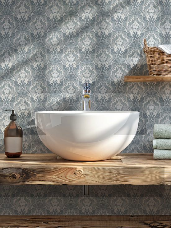 Retro revival guest room featuring Lady Marmalade wallpaper in a silver maximalist palette.