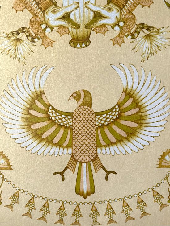 Nefertiti Cream wallpaper showing bird and fish motifs in a floral cream and gold setting.