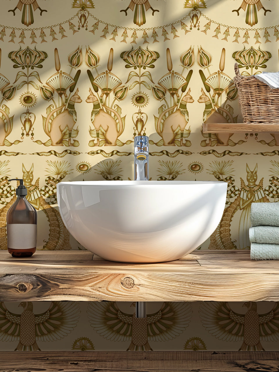 Nefertiti Cream wallpaper in a guest bathroom featuring an opulent animal and floral design.