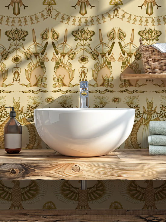 Nefertiti Cream wallpaper in a guest bathroom featuring an opulent animal and floral design.