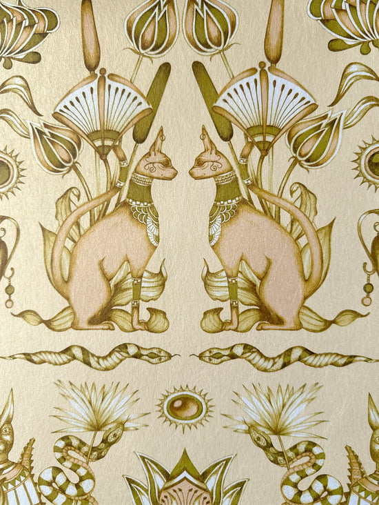 Hero image of Nefertiti Cream wallpaper showcasing lavish Egyptian-inspired cream and gold design.