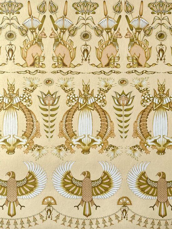 Close-up of Nefertiti Cream wallpaper showing opulent gold detail with fish, florals, and palms.