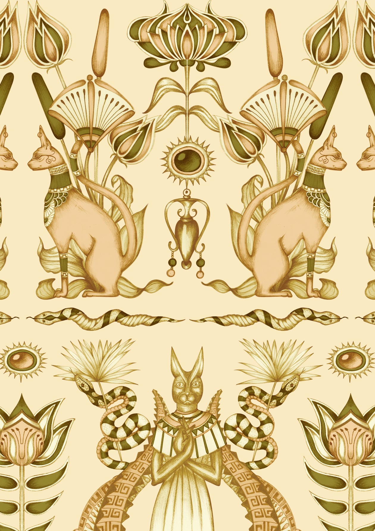Sample sheet of Nefertiti Cream wallpaper printed on jewel-toned gold parchment-style paper.