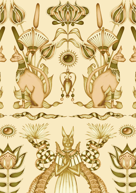Sample sheet of Nefertiti Cream wallpaper printed on jewel-toned gold parchment-style paper.