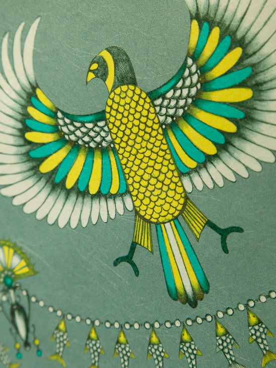 Acid yellow and parchment wallpaper with birds, fish and floral motifs from the Nefertiti Green Grey design.
