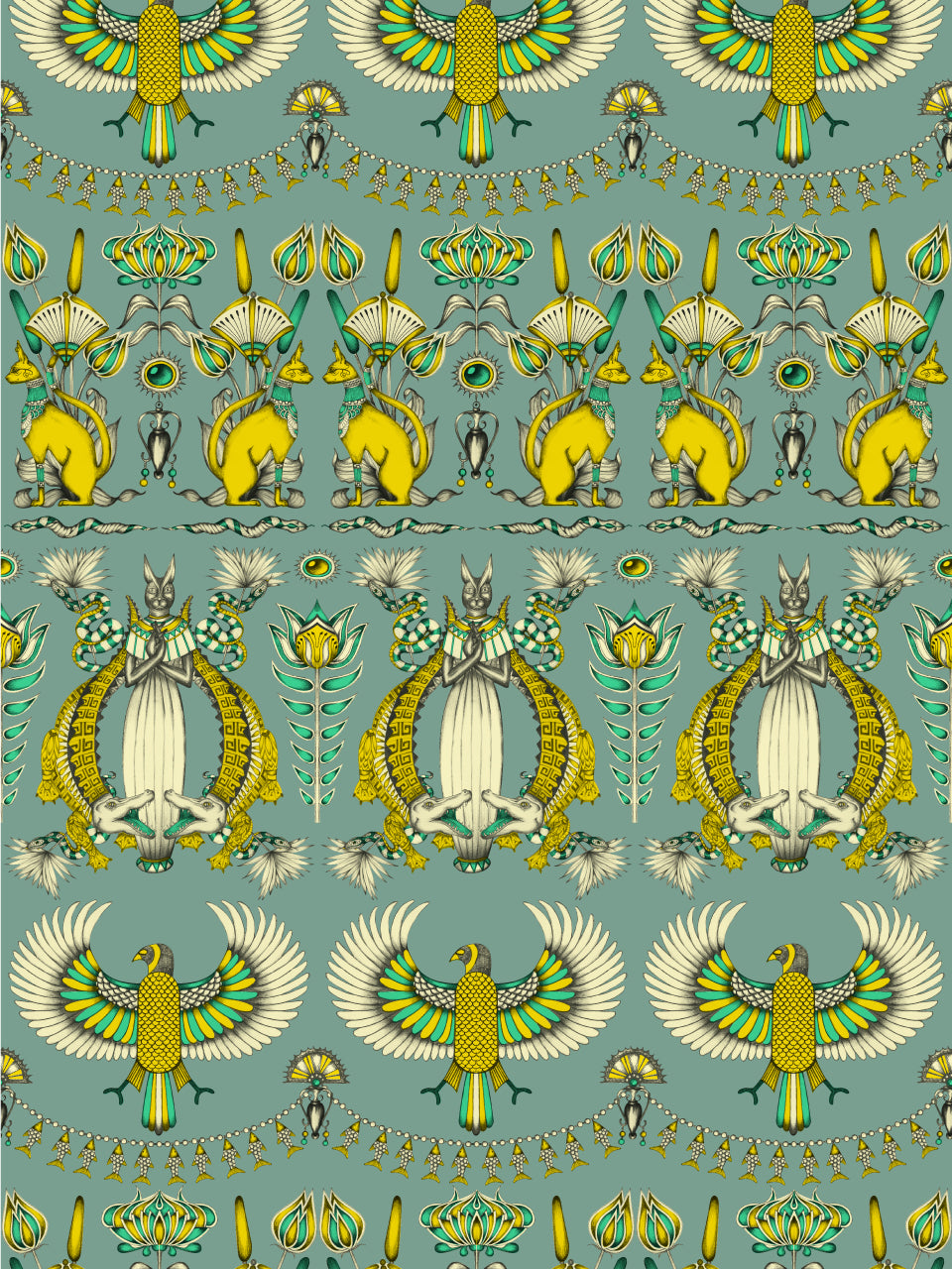 Detail of Nefertiti Green Grey wallpaper with Egyptian cat motifs, lotus flowers, and iridescent parchment texture.
