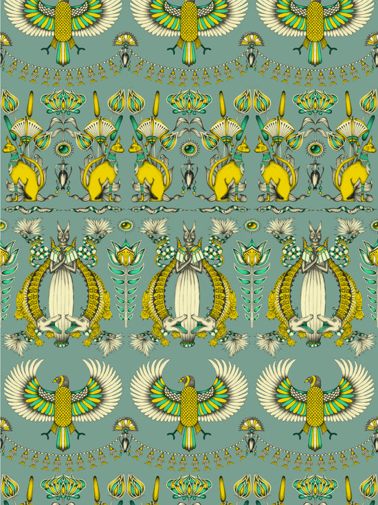 Detail of Nefertiti Green Grey wallpaper with Egyptian cat motifs, lotus flowers, and iridescent parchment texture.
